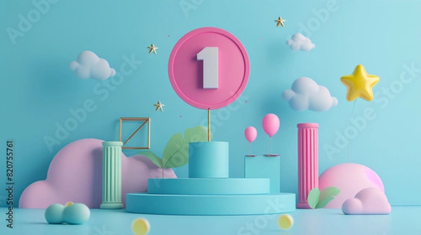 Fototapeta Creative Illustration of a Number One Ranking Scene with Pastel Colors and Balloons