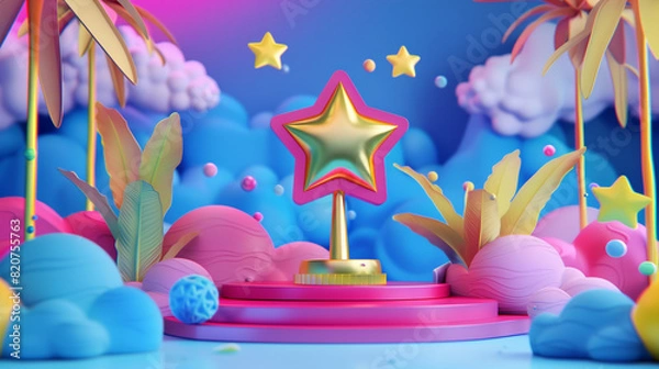 Fototapeta Colorful Fantasy Scene with Star Trophy and Vibrant Tropical Elements