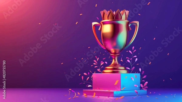 Fototapeta Golden Trophy on a Colorful Podium with Confetti Celebration and Gradient Background