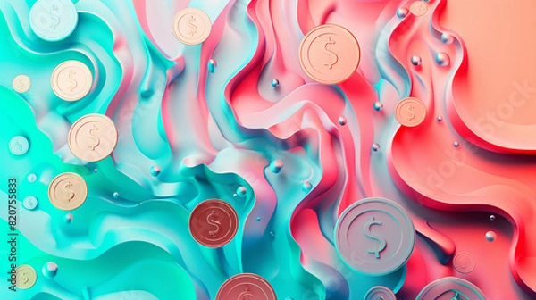 Fototapeta Abstract Financial Background with Colorful Waves and Coins in Modern Design