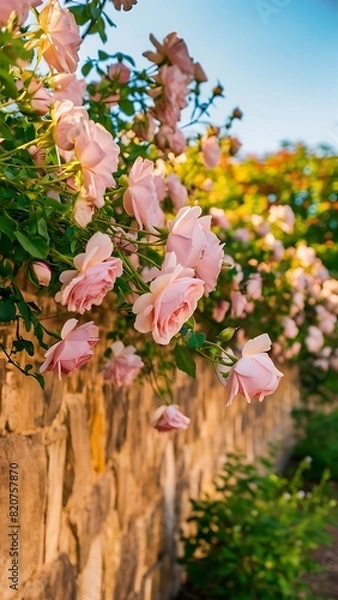 Obraz Background of gentle light pink roses on stonewall in garden summer day