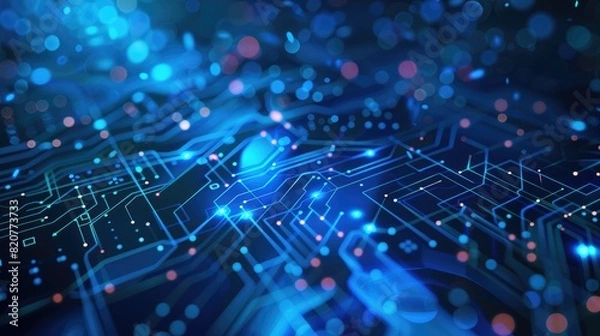Fototapeta A technology themed background with abstract digital patterns and blue tones, ideal for corporate presentations