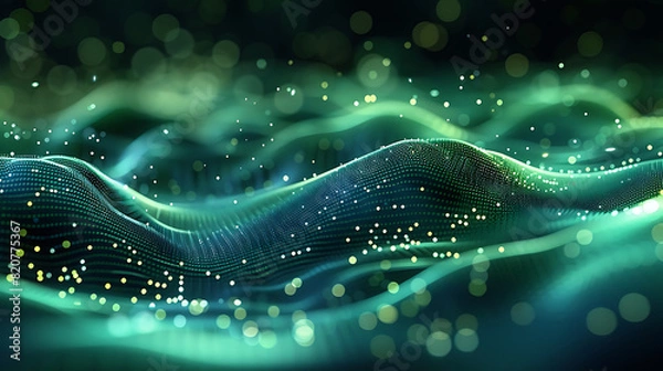 Fototapeta Wave dynamic background dots green future flow technology abstract datum innovation word illustration business digital music dot texture science pattern grid techno. Rendering 3d