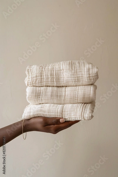 Fototapeta Woman's hand holding a stack of baby swaddle blankets, beige background