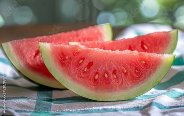 Fototapeta Two fresh slices of watermelon are placed on a wooden table