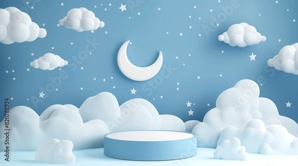 Obraz A blue and white room with a white moon and stars on the wall generated by AI