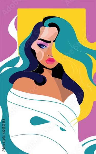 Fototapeta Vector of a vibrant and colorful illustration of a woman with long hair