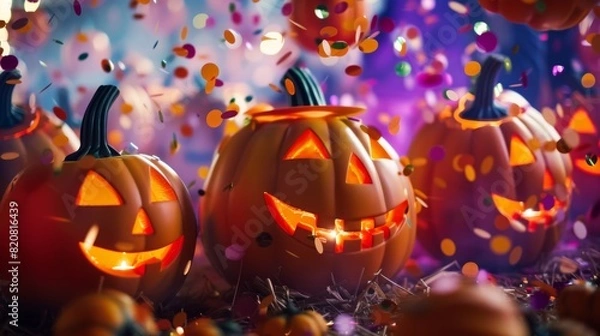 Fototapeta Festive Halloween Pumpkin Lanterns Amidst Colorful Confetti