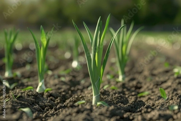 Fototapeta Watch fresh young onions sprouting and growing in a field on a sunny summer day at a farm. This video showcases the natural process of onion cultivation. Organic food. Growing leeks