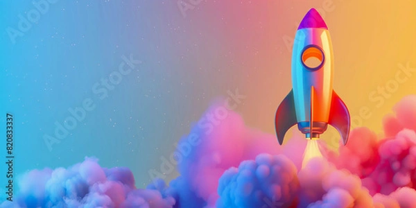 Fototapeta Cohete Lindo Despegando con Humo Colorido en un Fondo Gradiente: Concepto de Inicio de Ideas y Crecimiento Empresarial en un Estilo de Diseño Moderno para Banner o Presentación, Elemento de Diseño Web