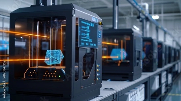 Fototapeta Group of industrial 3D printers creating components, digital network grid representing the flow of instructions and feedback, high-tech smart manufacturing environment, sleek and modern design, focus