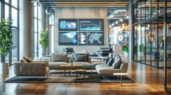 Fototapeta Ultra-modern corporate office, stylish lounge area with comfortable seating, large digital screens displaying company data, polished wooden floors, chic decor with metallic accents, calm and focused