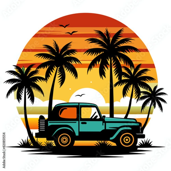 Fototapeta Vibes t-shirt design, black silhouette illustration vintage retro sunset with palm trees and jeep on white background 