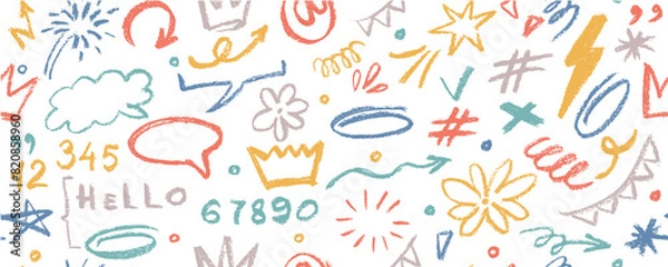 Fototapeta Vector seamless pattern  with colorful graffiti doodle punk and girly shapes  Hand drawn abstract scribbles and squiggles, creative various shapes, pencil drawn icons. Scribbles, scrawls, stars, crown