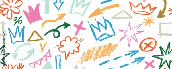 Fototapeta Multi colored charcoal pencil shapes and doodles seamless pattern. Hand drawn vector quirky shapes in punk or childish style. Naive playful abstract charcoal scribbles. Doodles and curved lines.