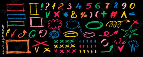 Fototapeta Multi colored highlighter marker lines, scribble , rectangles and  oval frames, underline arrows, cross and check symbol. Highlighter oval frame and hand drawn doodles vector set.
