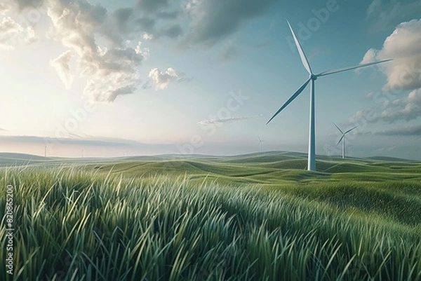 Fototapeta Generative ai on theme of wind power farm with rotation propellers, does not pollute environment