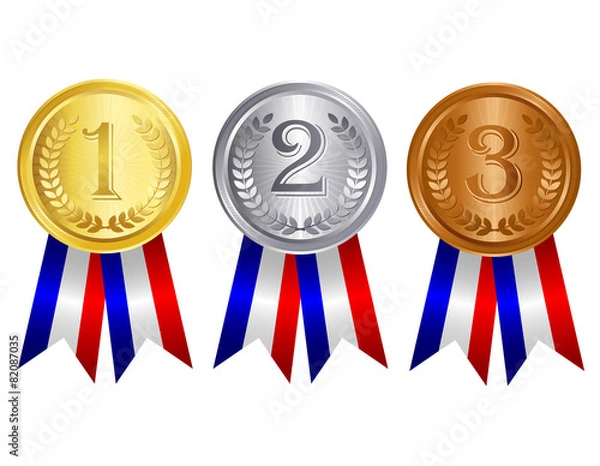 Fototapeta Gold , silver , and bronze medals with ribbons