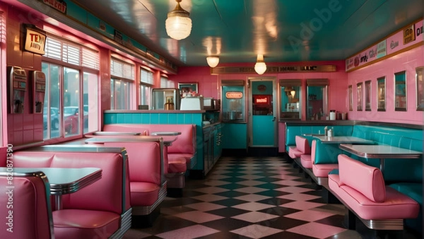 Fototapeta Interior of a vintage diner with pink and blue booths and checkerboard floor for a nostalgic feel