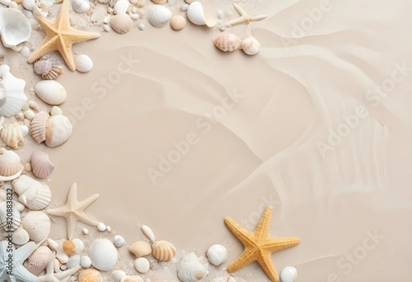 Obraz  Starfish and seashells on a sandy beach background