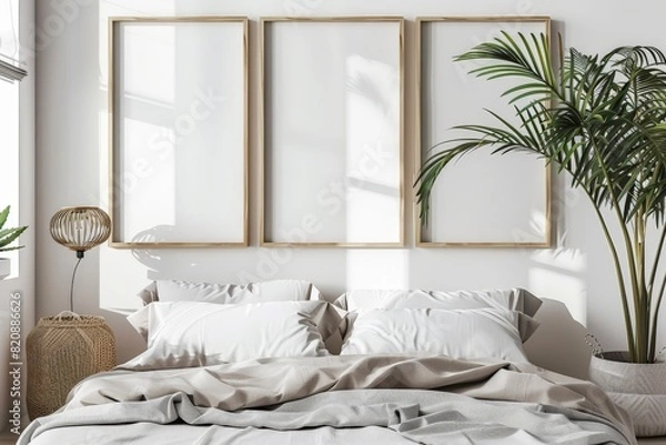 Fototapeta A blank picture frame mock-up in a modern furnished room. Beautiful simple AI generated image in 4K, unique.