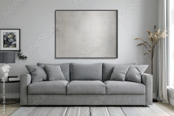 Fototapeta Contemporary modern home interior design, living room, empty blank mock-up frame on a solid gray wall.. Beautiful simple AI generated image in 4K, unique.
