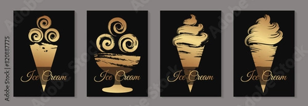 Fototapeta Modern abstract luxury ice cream icons for cafe or restaurant menu or banner or logo with golden cones and bowl in a grunge style on a black background.