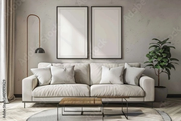 Fototapeta Mock-up of poster frame on bureau in a cozy living room interior. Includes gallery wall and 3D render. Generative AI. Beautiful simple AI generated image in 4K, unique.