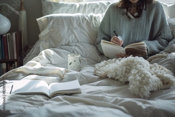 Obraz Cozy Bedroom Scene with Person Journaling in Morning Light