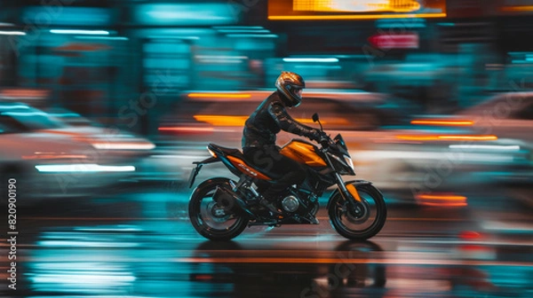 Fototapeta Motorcycle rider in helmet and gear racing at high speed on the nighttime background with motion blur