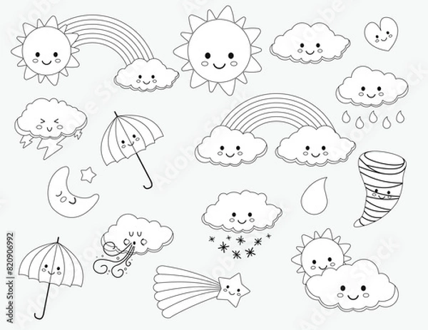Fototapeta Collection of cartoon weather signs for coloring book
