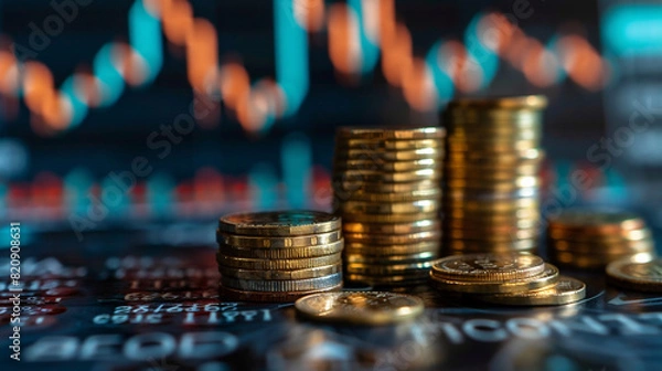 Fototapeta 株式チャートと大量のコイン