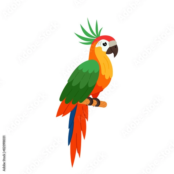 Fototapeta Green-red parrot in flat style. Colorful tropical bird on a white background. A tropical parrot with crest sits on a perch.