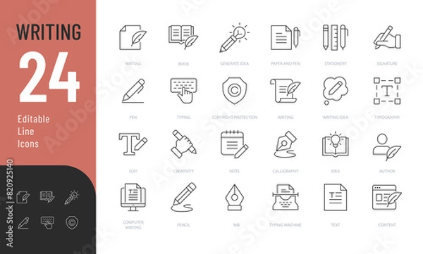Fototapeta Writing Editable Icons set. Vector illustration in modern thin line style of text related icons: documents, tools, literature, and more. Pictograms and infographics for mobile apps.
