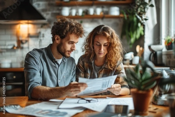 Obraz The young couple sat at the kitchen table, engaged in a casual conversation about life insurance documents