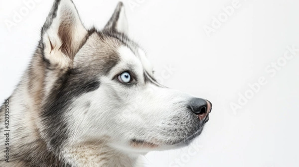 Fototapeta Close-up portrait view of Siberian Husky dog head from side view isolated on white background