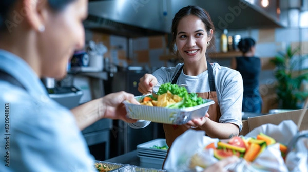 Fototapeta A restaurant employee and a customer as they exchange a freshly prepared take-out lunch