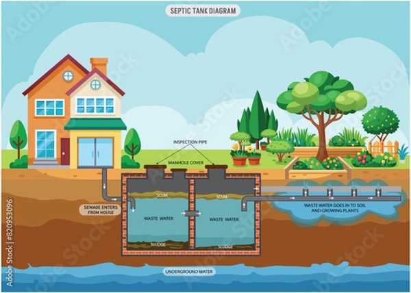 Fototapeta A septic tank diagram shows the tank chambers, inlet, outlet, baffles, and drain field