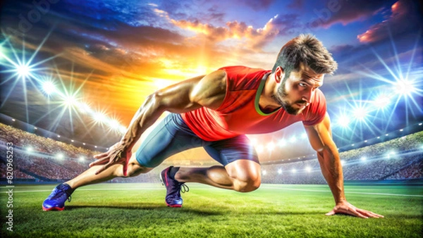 Fototapeta Athlete preparing to run. Athlete showing off his physical strength.