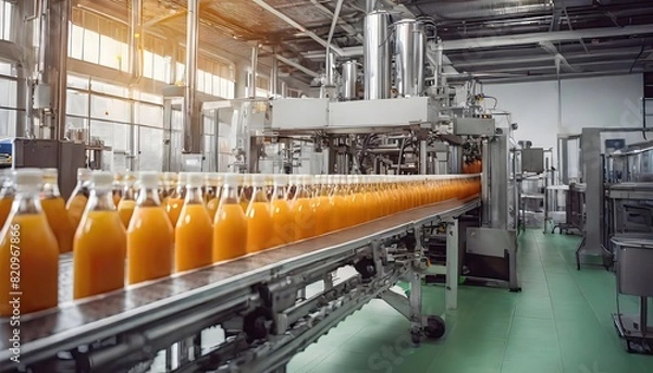 Fototapeta Modern production line for bottling and packaging natural juices and drinks.