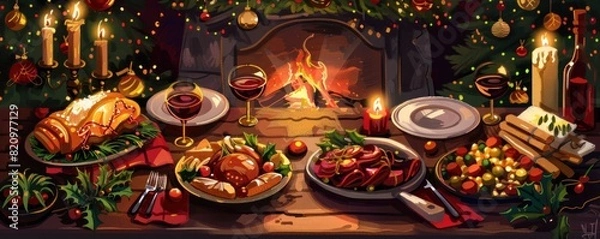 Fototapeta A Christmas table with a variety of food and drinks, including a cake