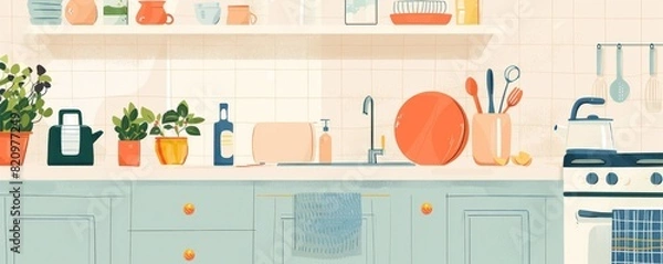 Obraz A cartoonish kitchen with a blue countertop and a variety of pots and pans. The kitchen is full of utensils and appliances, including a toaster, a knife block, and a spoon