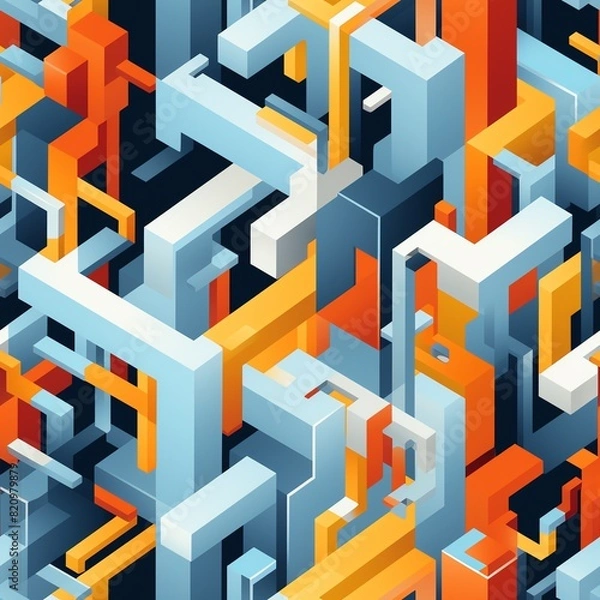 Fototapeta Vibrant geometric abstract background with interlocking three-dimensional shapes in shades of orange, blue, and gray.