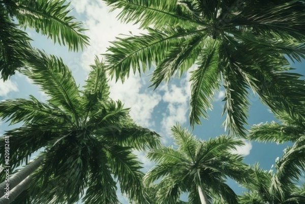 Fototapeta palm tree is shown with a cloudy sky in the background