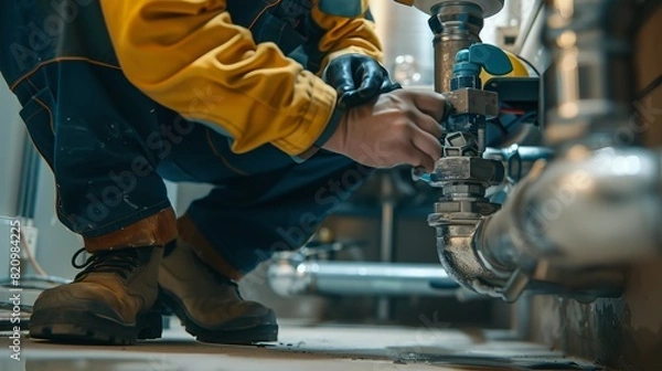 Obraz Plumber Inspecting Drains: At a commercial building, a plumber uses specialized equipment to inspect drains and clear any blockages, ensuring the plumbing system functions smoothly 