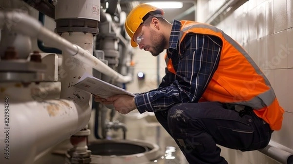 Obraz Plumber Inspecting Drains: At a commercial building, a plumber uses specialized equipment to inspect drains and clear any blockages, ensuring the plumbing system functions smoothly 