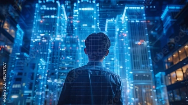 Fototapeta An architect examining a digital twin of a building for structural integrity and design adjustments,