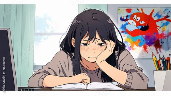 Fototapeta A female bored of studying and work, cartoon style artwork