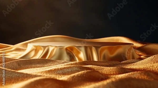 Fototapeta Elegant gold podium with black studio backdrop for luxury product showcases, close up whimsical manipulation featuring abstract gold textures