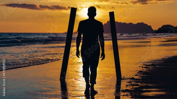 Fototapeta A lonely man walking in beach looking at the sunset